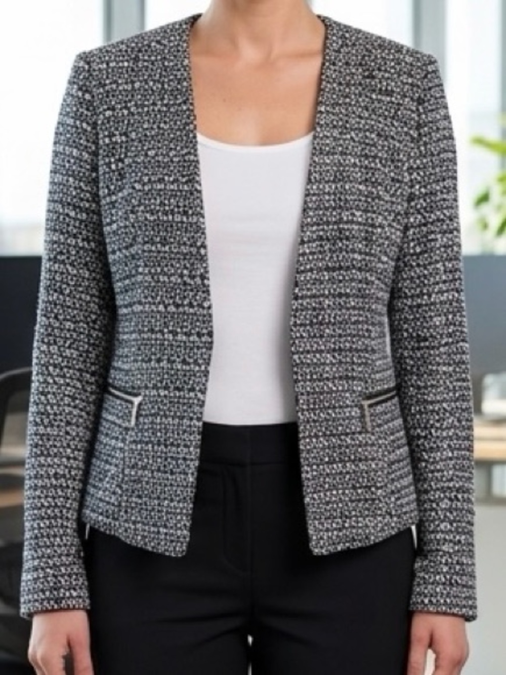 Metaphor Black White Tweed Pattern Collarless Blazer Jacket Zipper Pockets M EUC